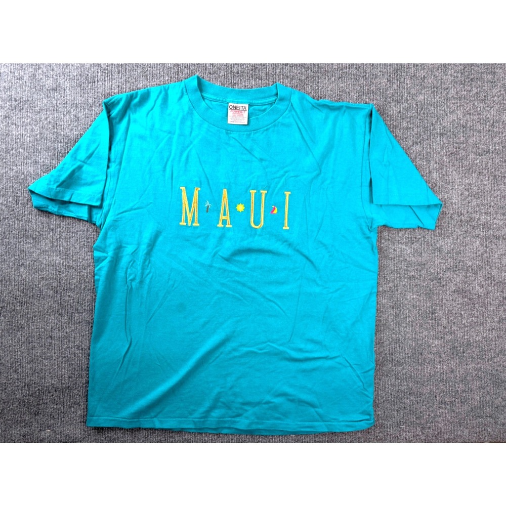 Vintage Oneita Maui Graphic Tee Mens Large Teal Blue Cotton Embroidered 90s USA